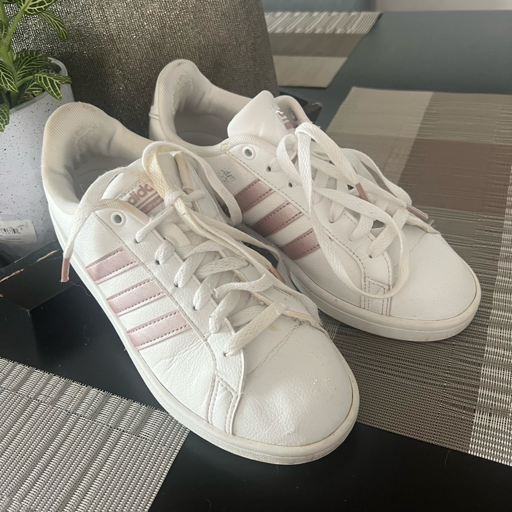 Adidas Women's White and Light Pink Striped Sneakers - Picture 6 of 7